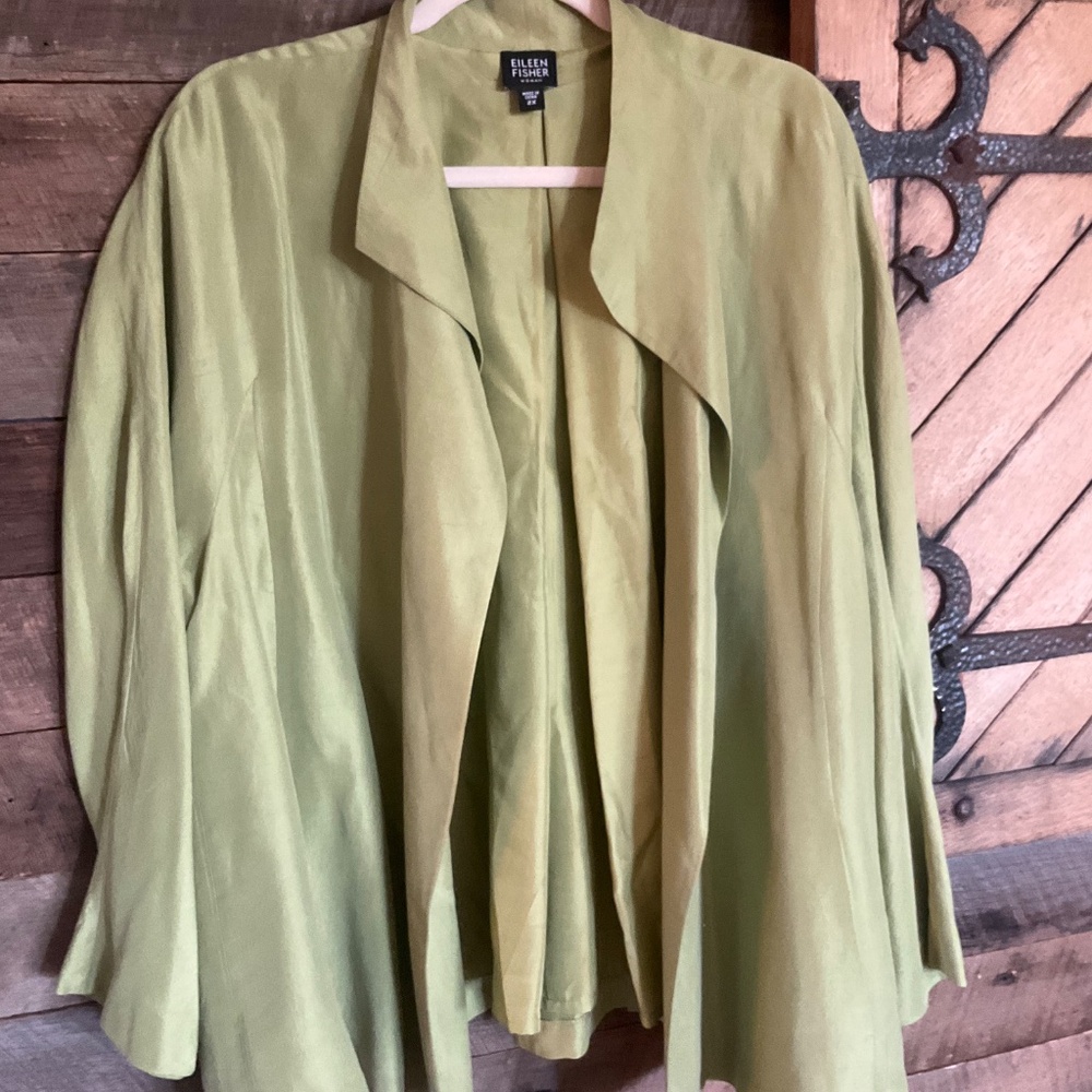 Eileen Fisher Gorgeous Green Silk Blend Open Swing Jacket 2X EUC Retail $314 - Picture 6 of 6